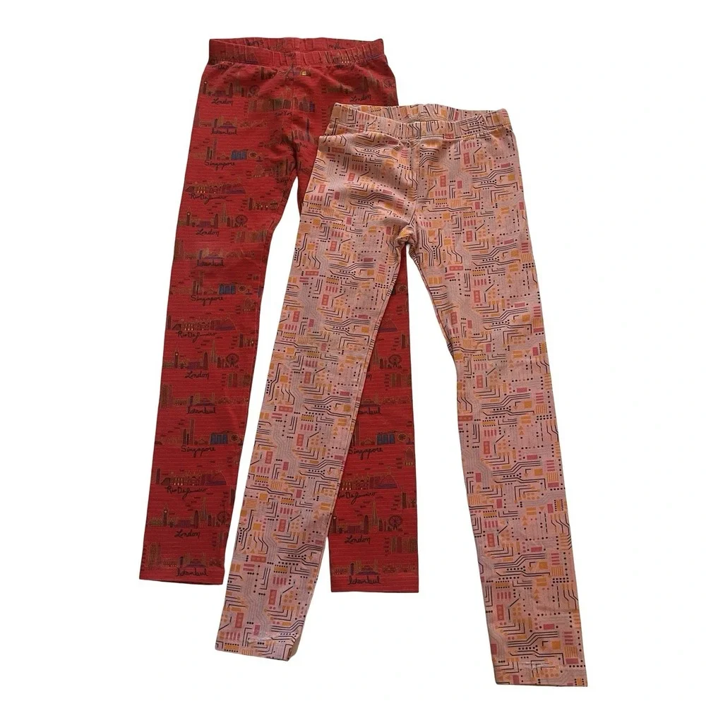 Piccolina Girls‎ Size 10 Leggings, Lot of 2, Red Travel & Pink Geometric Coding